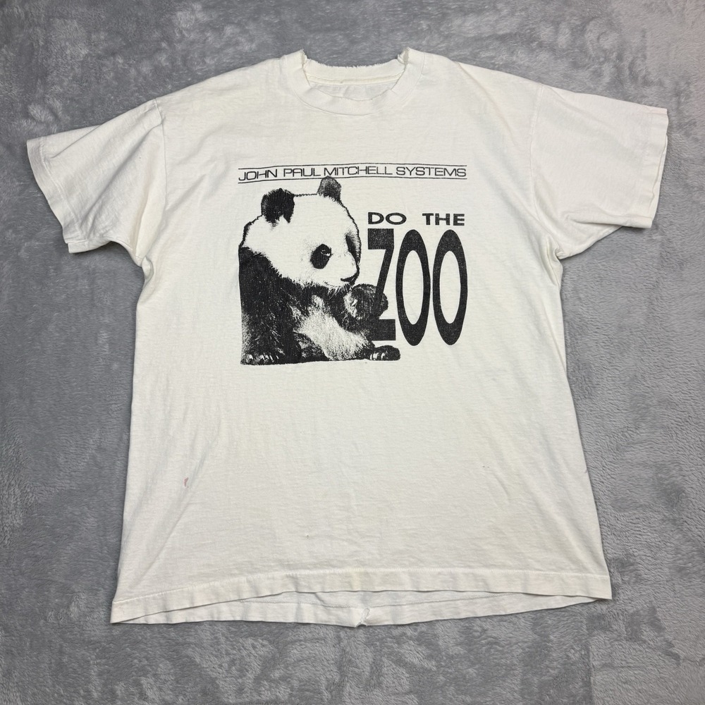 Vintage Paul Mitchell Do The Zoo Shirt Men XL White Panda Thrashed Stained Holes